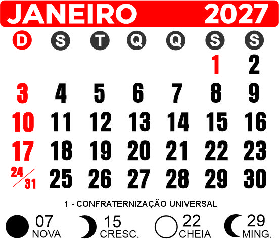 Calendário 2027 Janeiro Íma de Geladeira para Imprimir