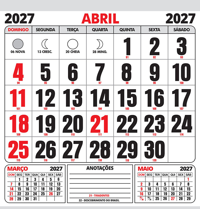 Folhinha Calendário Abril 2027 com Feriados Vetor CDR