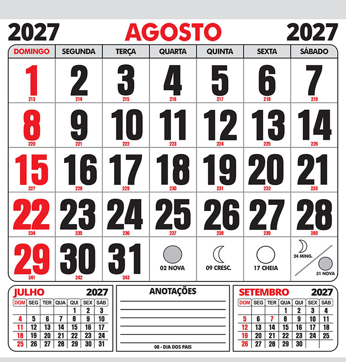 Folhinha Calendário Agosto 2027 com Feriados Vetor CDR