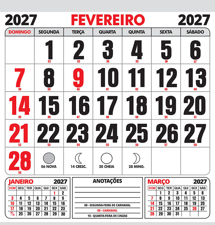 Folhinha Calendário Fevereiro 2027 com Feriados Vetor CDR