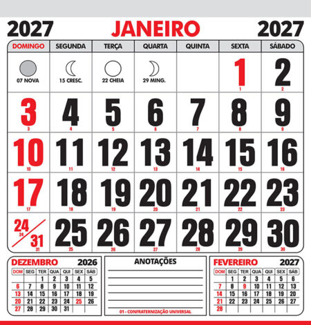 Folhinha Calendário Janeiro 2027 com Feriados Vetor CDR