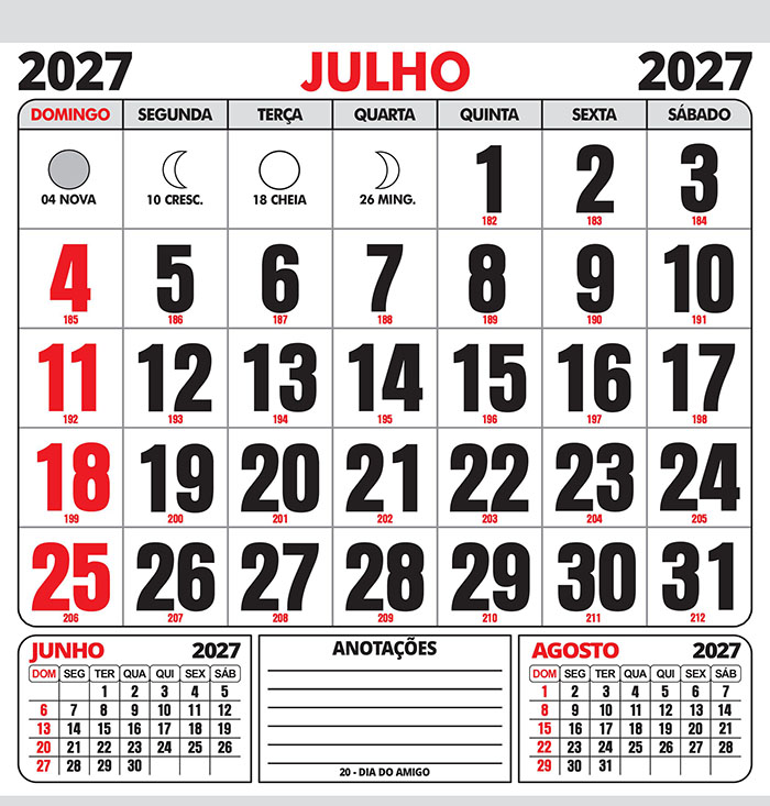 Folhinha Calendário Julho 2027 com Feriados Vetor CDR