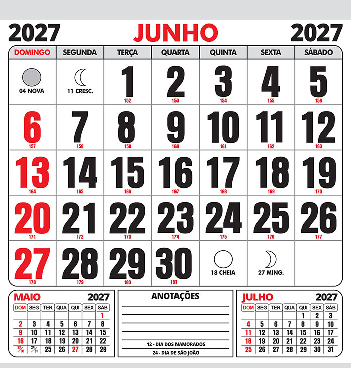Folhinha Calendário Junho 2027 com Feriados Vetor CDR