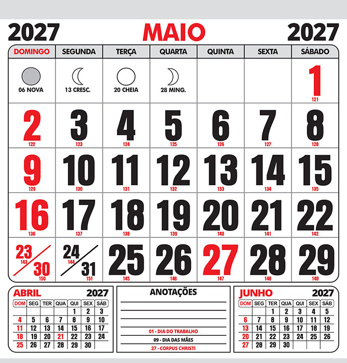 Folhinha Calendário Maio 2027 com Feriados Vetor CDR