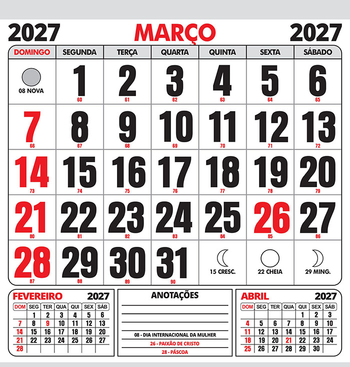 Folhinha Calendário Março 2027 com Feriados Vetor CDR