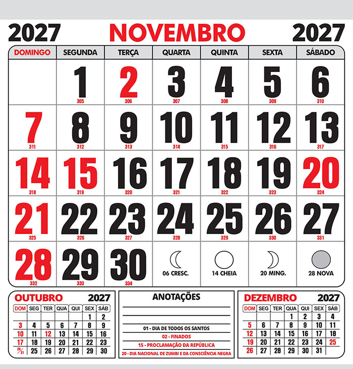 Folhinha Calendário Novembro 2027 com Feriados Vetor CDR