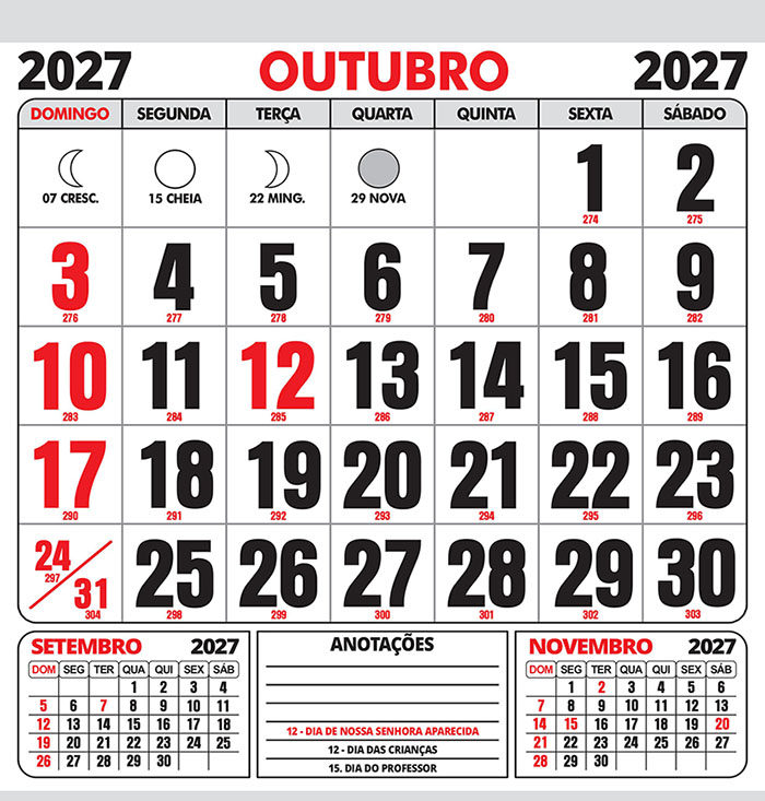 Folhinha Calendário Outubro 2027 com Feriados Vetor CDR