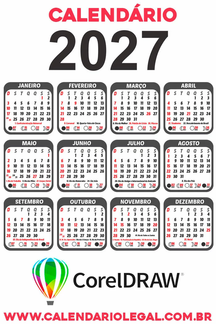 Calendário 2027 Preto em CDR com Feriados e Fases da Lua - Imagem 4