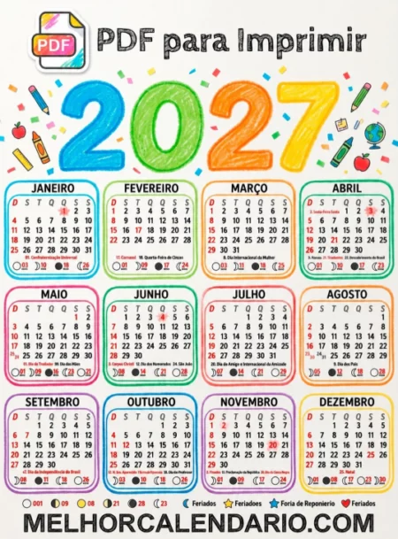 Calendário 2027 Infantil para Colorir em PDF
