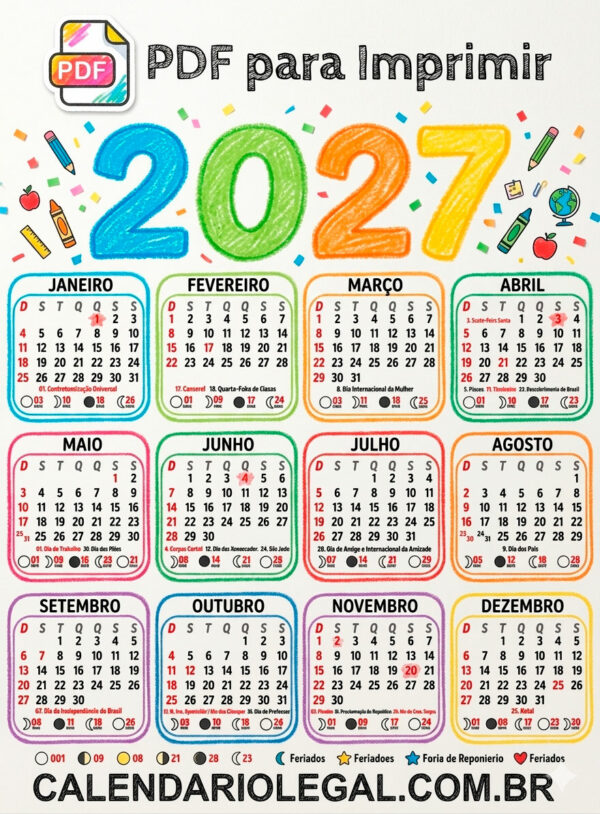 Calendário 2027 Infantil para Colorir PDF