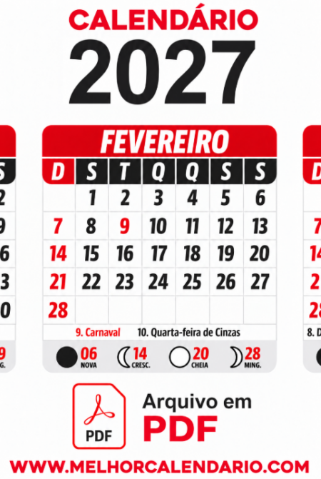 Calendário 2027 em PDF para Imprimir com Feriados