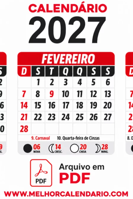 Calendário 2027 em PDF para Imprimir com Feriados