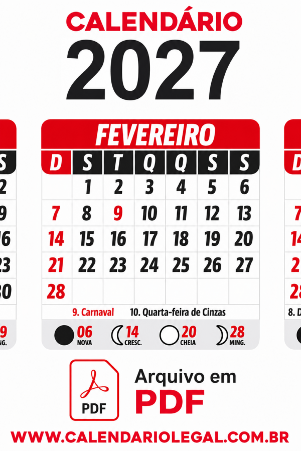 Calendário 2027 PDF com Feriados Português