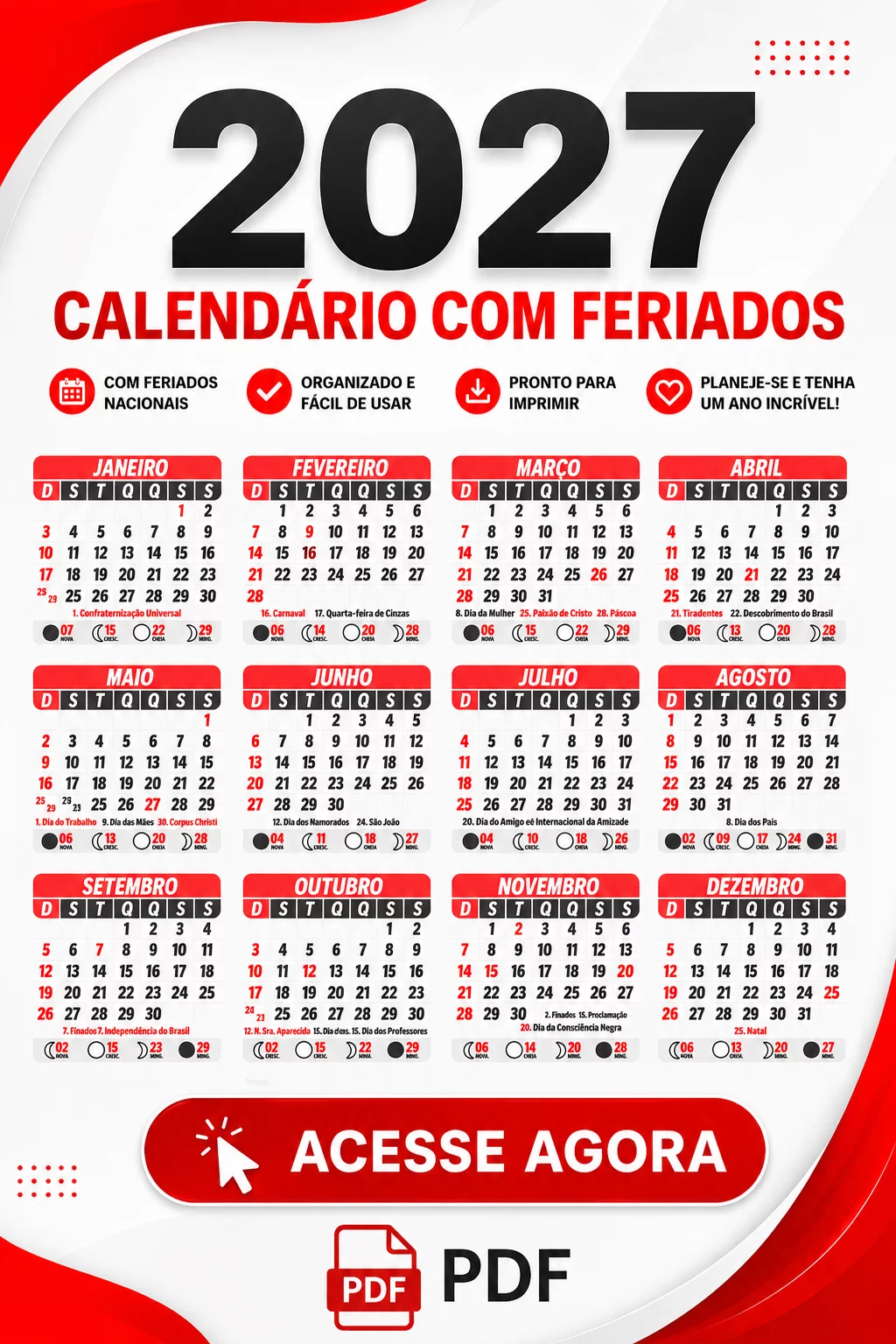 Calendário 2027 PDF para Imprimir Completo