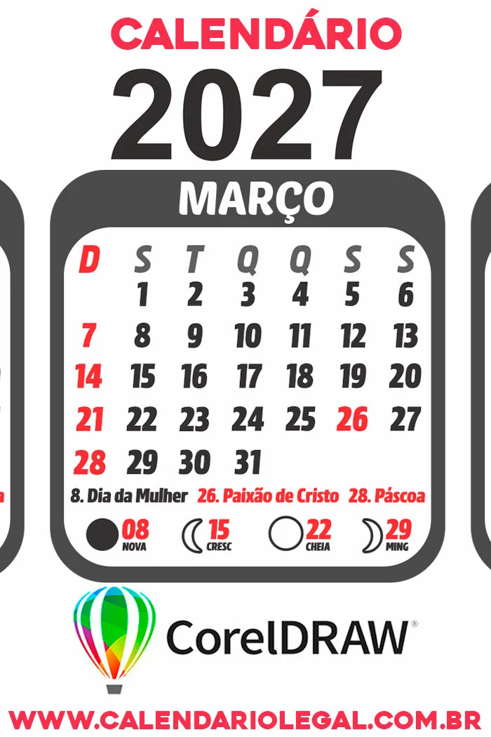 Calendário 2027 Preto em CDR com Feriados e Fases da Lua - Imagem 2