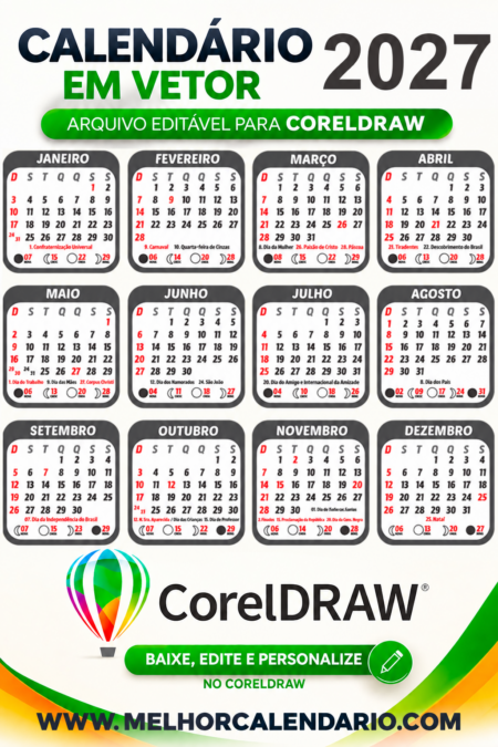 Calendário 2027 Preto em CDR com Feriados e Fases da Lua