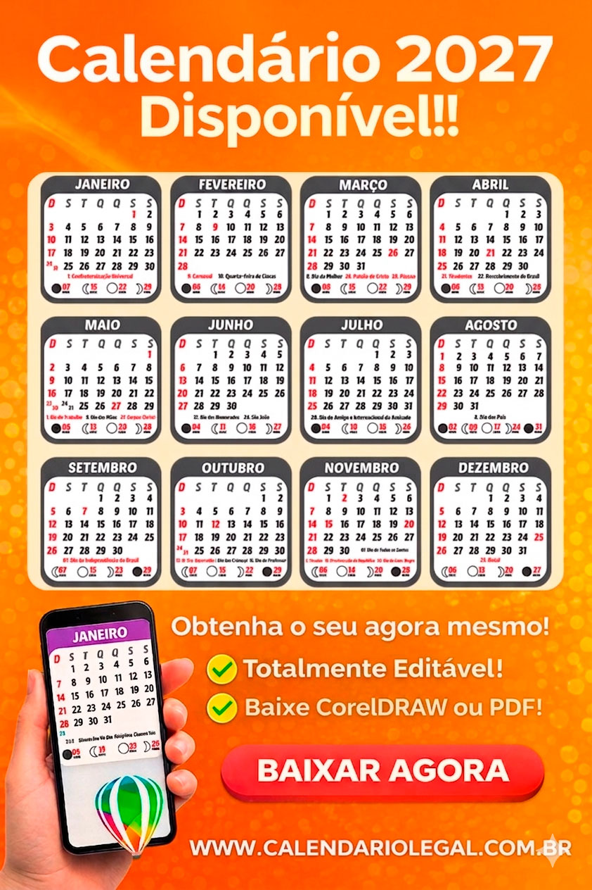 Calendário 2027 com Feriados Brasil Preto CDR
