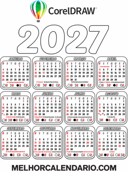 Calendário 2027 Infantil para Colorir em CDR Editável