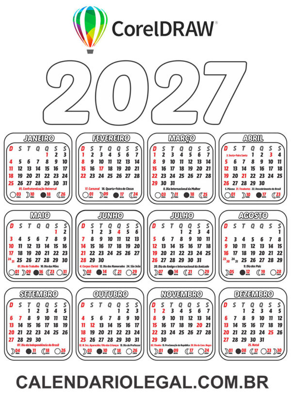 Calendário 2027 para Colorir Editável