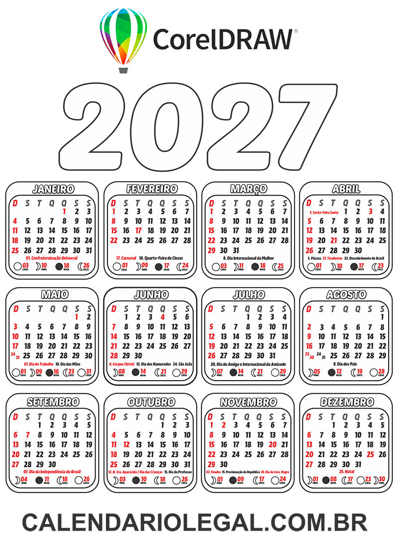 Calendário 2027 para Colorir Editável