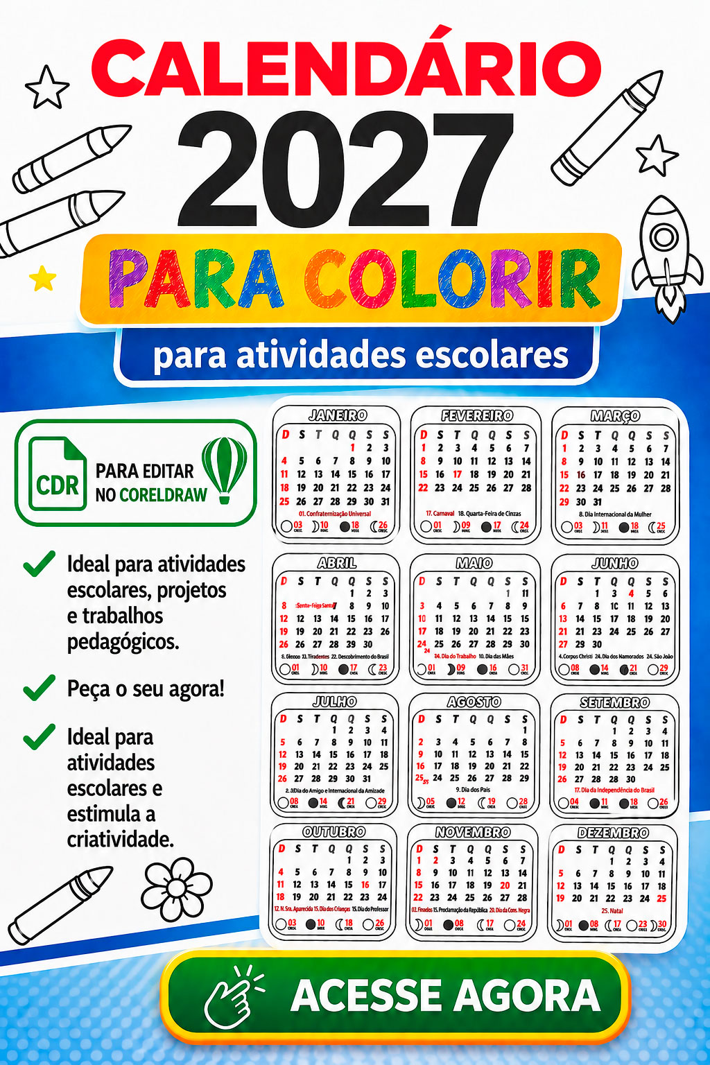 Calendário 2027 para Imprimir e Colorir