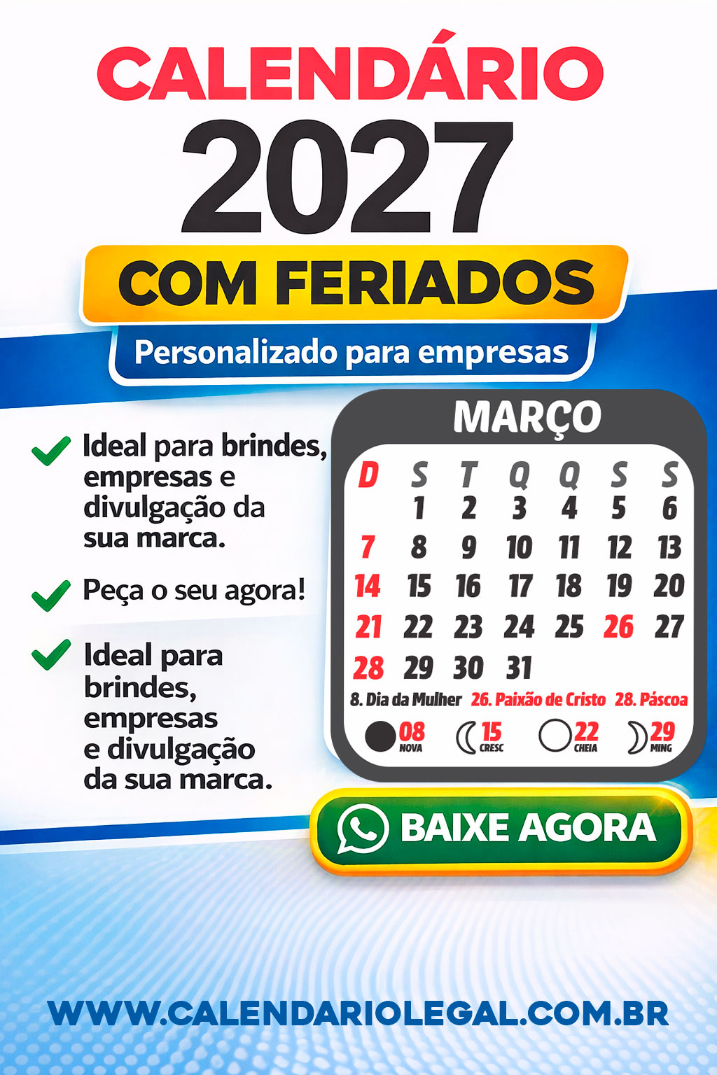 Calendário com Feriados 2027 para Editar