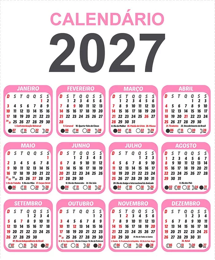 Calendário 2027 do Brasil com feriados, grade em PNG colorida