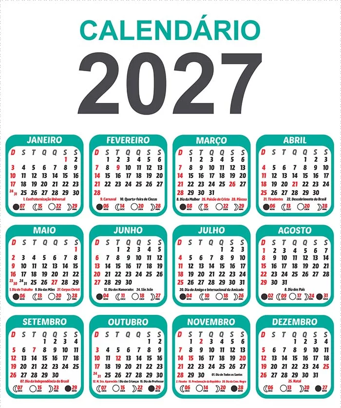 Calendário 2027 em verde-água, grade em PNG com fundo transparente
