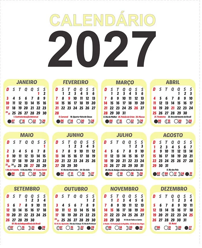 Calendário 2027 em português, grade em PNG