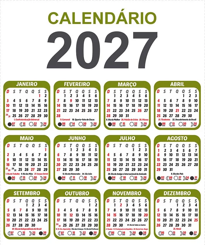 Grade de calendário 2027 em PNG com fundo transparente, modelo colorido