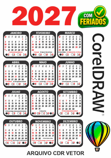 Calendário 2027 Bolso Editável Preto com Feriados e Fases da Lua
