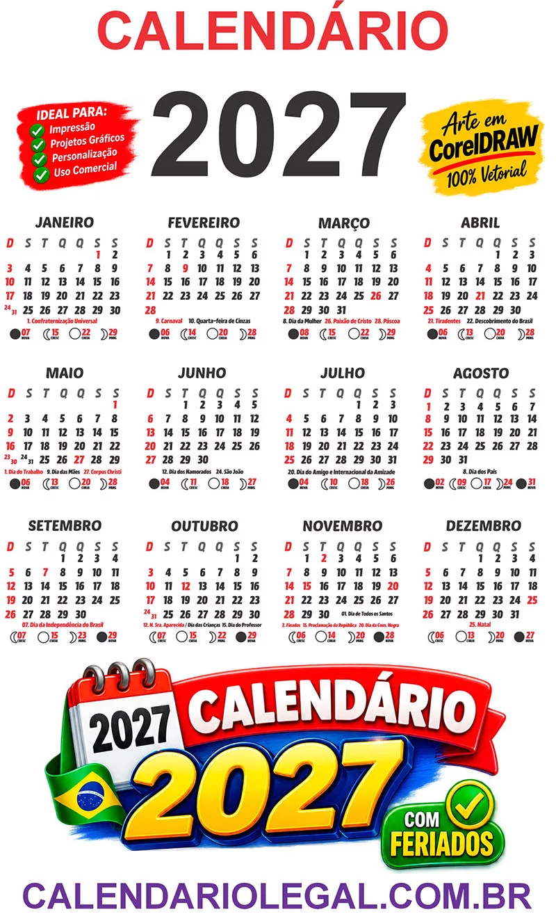 Base de Calendário 2027 em CDR com Fundo Transparente