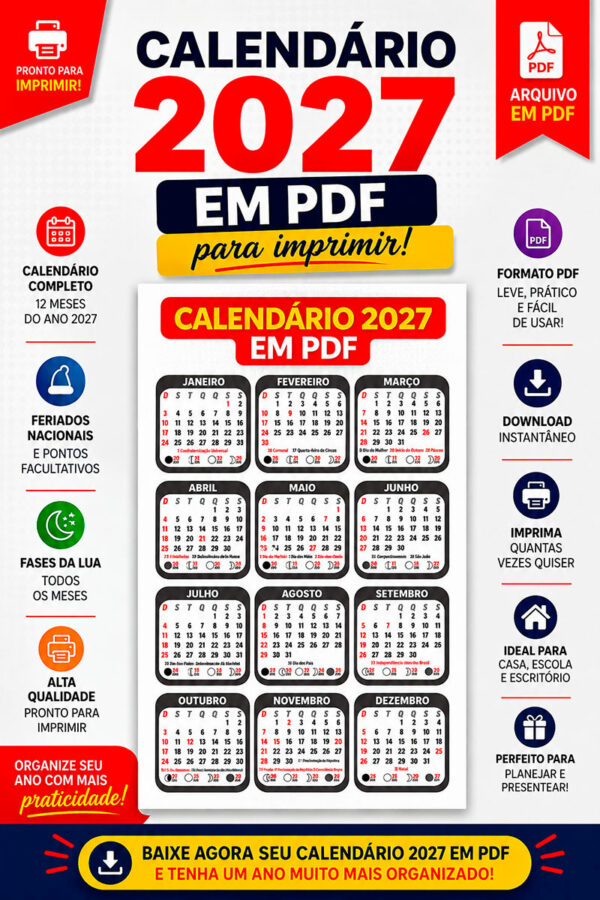 Calendário 2027 PDF Modelo de Bolso Preto