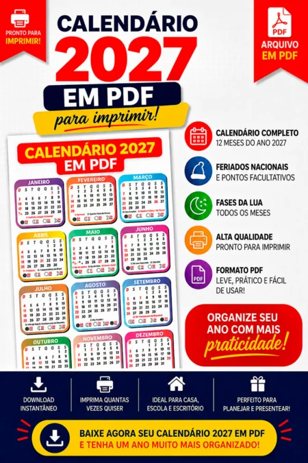 Calendário 2027 PDF de Bolso Colorido para Imprimir