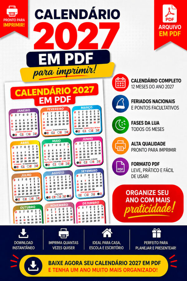 Calendário 2027 PDF de Bolso Colorido para Imprimir