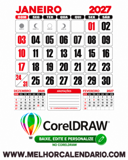 Calendário 2027 de Parede Folhinha CDR Editar e Imprimir