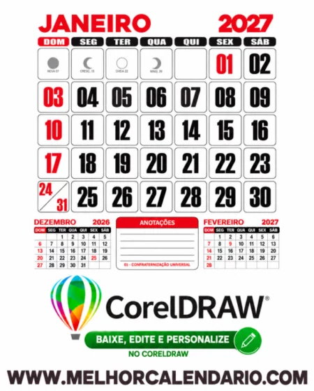 Calendário de Parede 2027 Folhinha em CDR para Editar e Imprimir