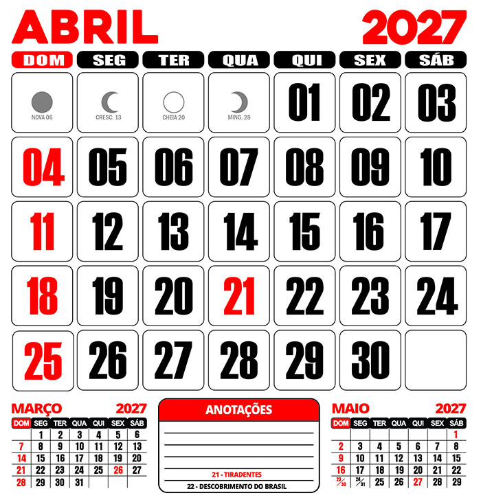 Calendário 2027 Parede Abril Editável