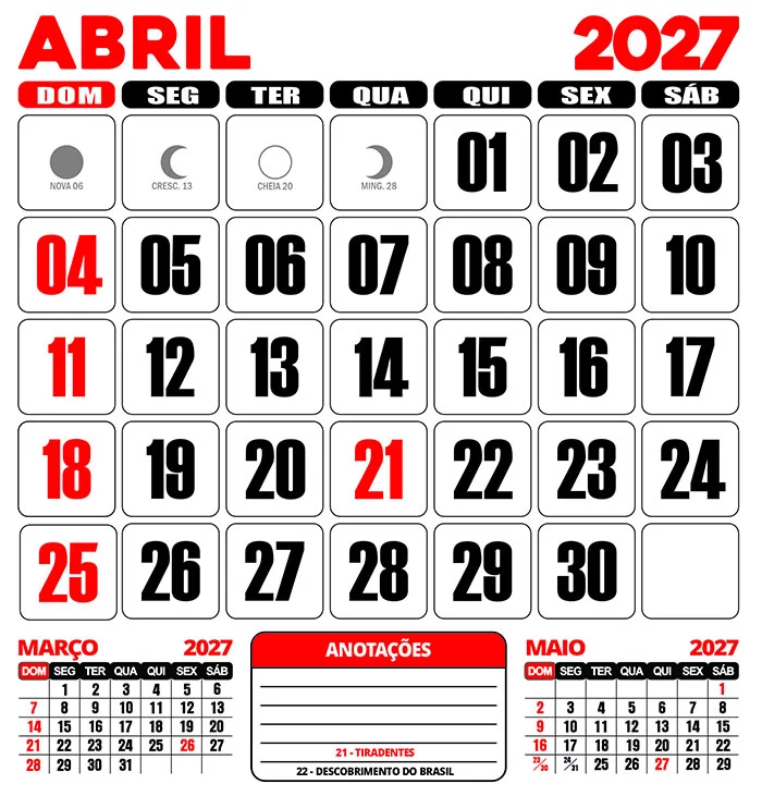 Calendário 2027 Parede Abril Editável