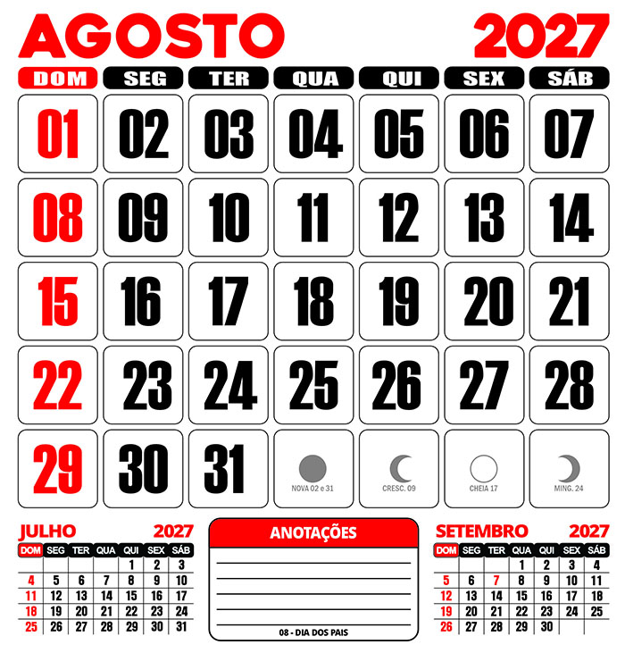 Calendário 2027 Parede Agosto Editável