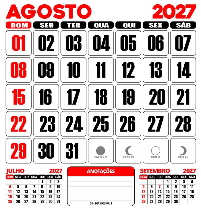 Calendário 2027 Parede Agosto Editável