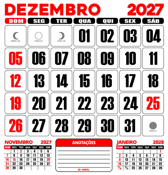 Calendário 2027 Parede Dezembro Editável