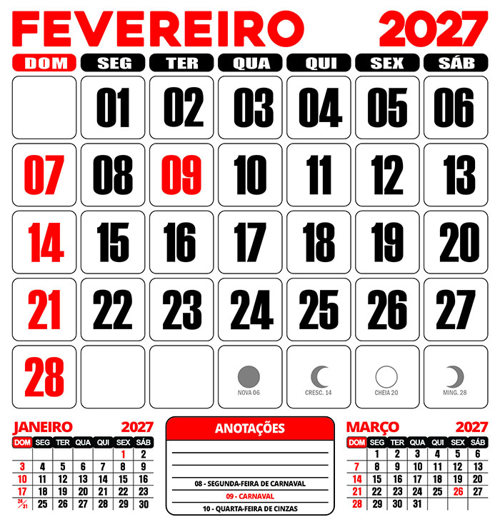 Calendário 2027 Parede Fevereiro Editável