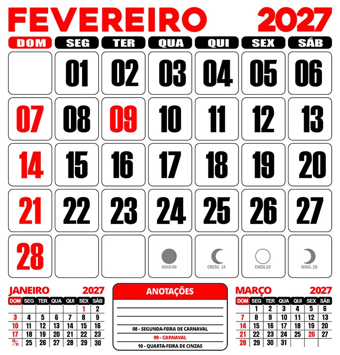 Calendário 2027 Parede Fevereiro Editável