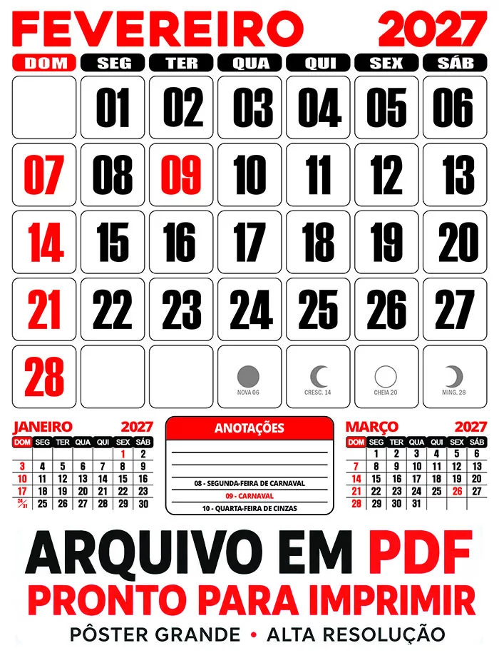 Calendário 2027 Parede Fevereiro PDF