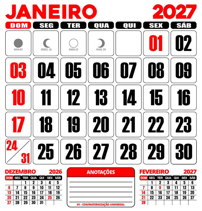 Calendário 2027 Parede Janeiro Editável