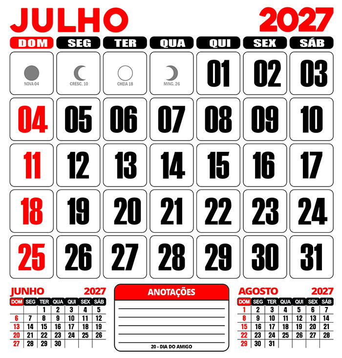 Calendário 2027 Parede Julho Editável