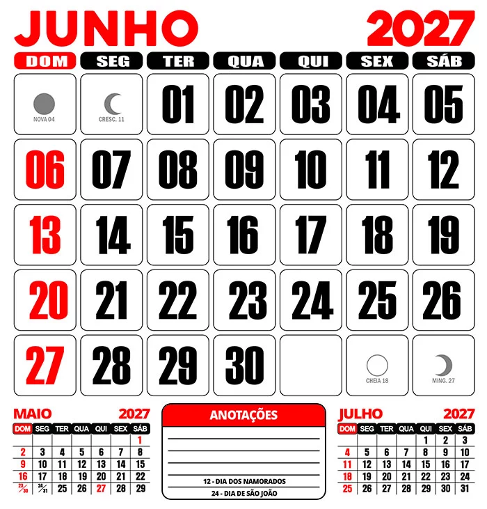 Calendário 2027 Parede Junho Editável