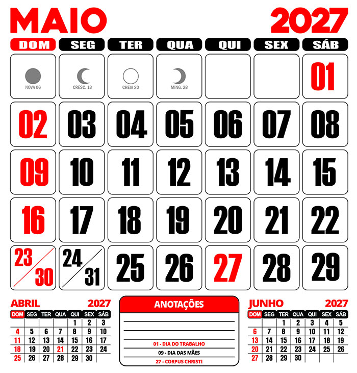 Calendário 2027 Parede Maio Editável