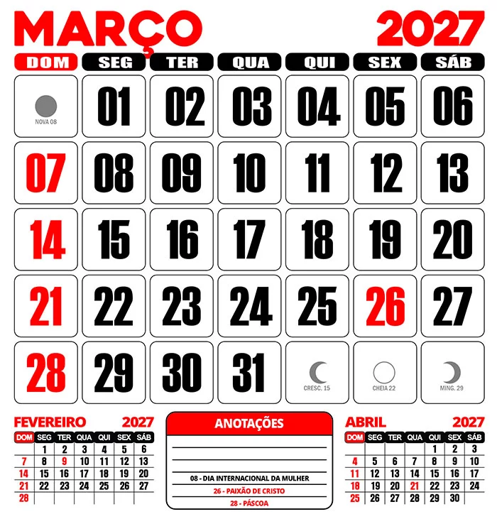 Calendário 2027 Parede Março Editável